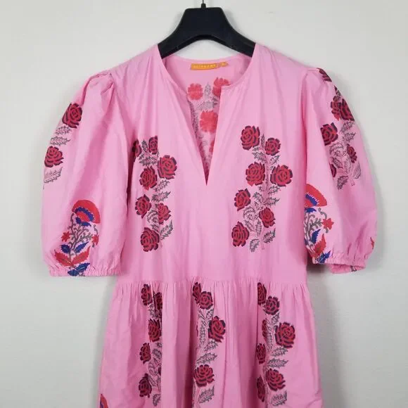 Oliphant Tuckernuck Boca Pink Puff Sleeve Midi Cotton Block Print Dress Size S - Picture 10 of 15